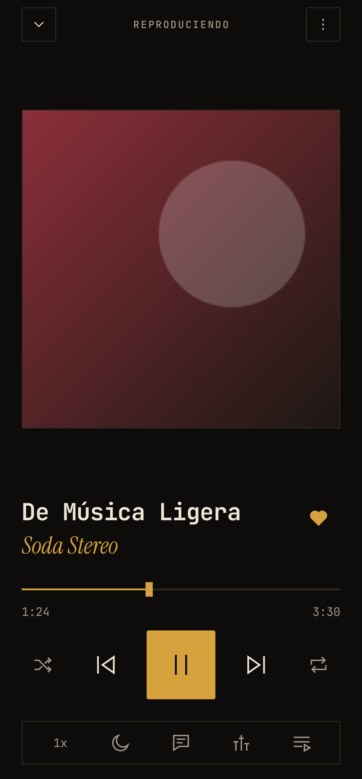 Pantalla Reproduciendo de Player: carátula, título, artista en cursiva dorada y barra de progreso estilo terminal