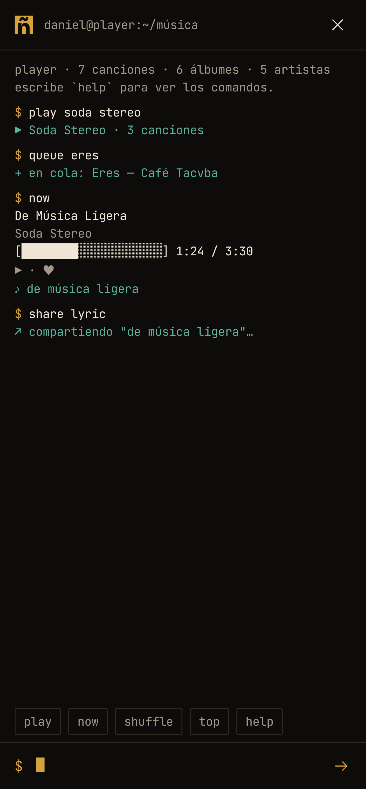 La terminal de Player con comandos escritos
